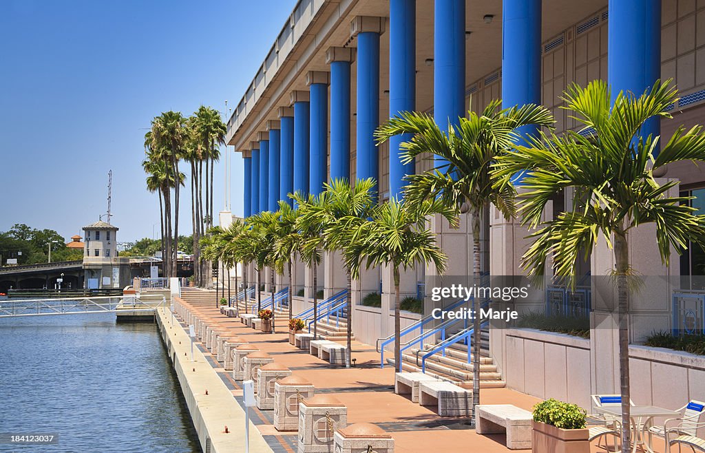 Blue columns and palms of Tampa Convention Center