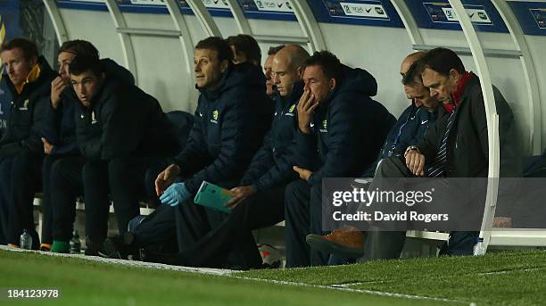 Holger Osieck, the Australia manager looks dejected during the International Friendly match between France and Australia at Parc des Princes on...