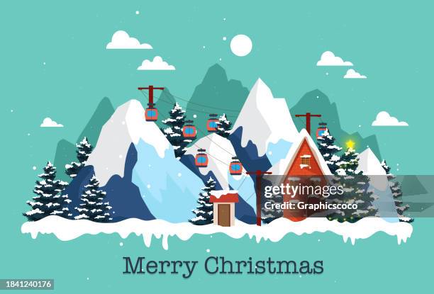 stockillustraties, clipart, cartoons en iconen met scenery of a ski resort and cable car with buildings in a pine forest where snow is falling. - hut