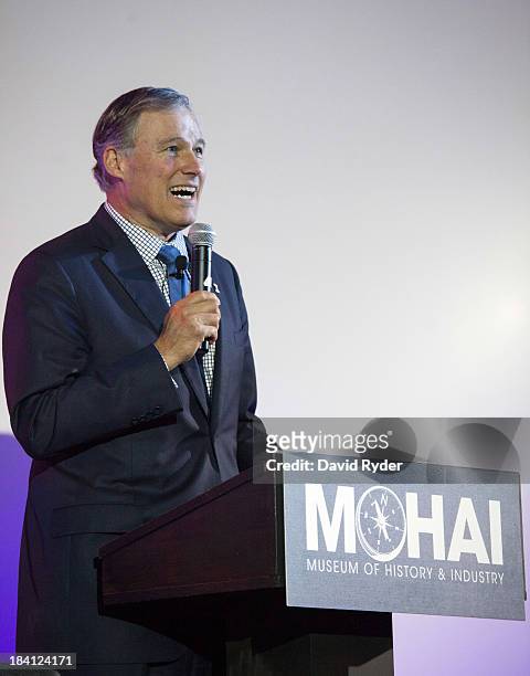 Washington Governor Jay Inslee addresses the crowd during a launch event for the Bezos Center for Innovation at the Museum of History and Industry on...