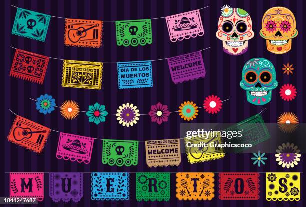ilustraciones, imágenes clip art, dibujos animados e iconos de stock de varios elementos de diseño de banderas para el día de muertos. fondo y papel cortado banderas mexicanas de papel picado. - dia-de-muertos