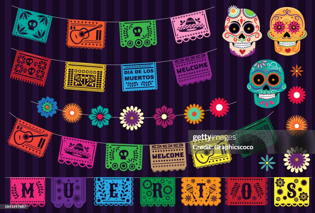 Various Flag design elements for Day of the Dead. background and paper cut mexican papel picado flags.