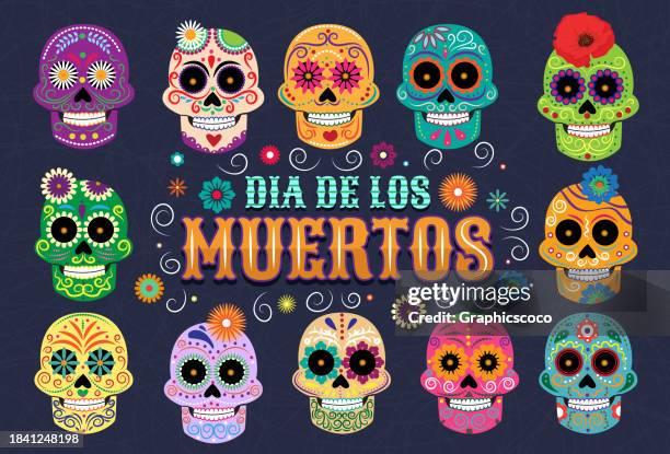 mexiko dia de los muertos tag der toten totenschädel banner mit blumen und dekorativem vektordesign - allerheiligen stock-grafiken, -clipart, -cartoons und -symbole