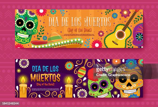 mexico dia de los muertos day of the dead festival skull banner with flowers and decorative vector design - mexican bunting stock illustrations