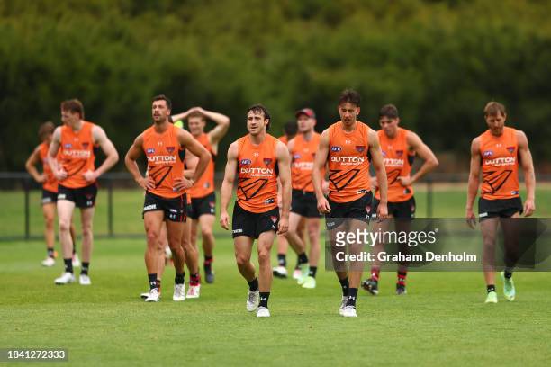 The Bombers warm down following an Essendon Bombers AFL training session at The Hangar on December 09, 2023 in Melbourne, Australia.