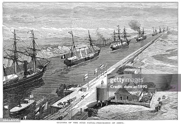 opening of the suez canal - suez stock illustrations