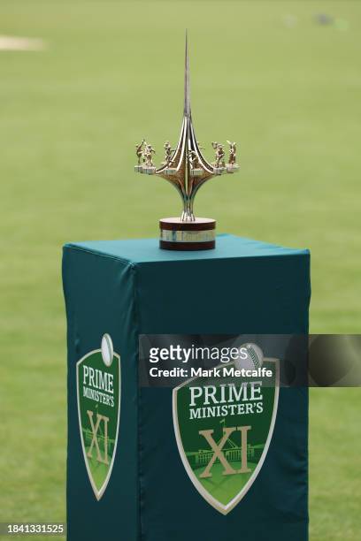 The Prime Ministers XI trophy is seen during day four of the Tour match between PMs XI and Pakistan at Manuka Oval on December 09, 2023 in Canberra,...