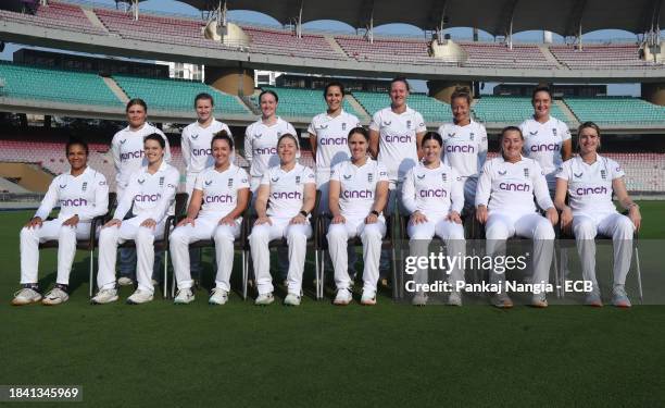 England players pose for a team picture ahead of a net session at DY Patil Stadium on December 12, 2023 in Navi Mumbai, India.