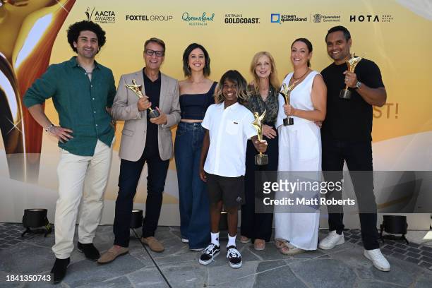 Osamah Sami, Andrew Winter, Nina Oyama, Aswan Ried, Heather Mitchell, Celeste Barber and Rob Collins pose for a photograph during the 2024 AACTA...