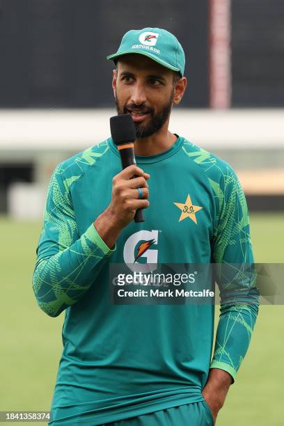 Player of the match Shan Masood of Pakistan speaks during day four of the Tour match between PMs XI and Pakistan at Manuka Oval on December 09, 2023...