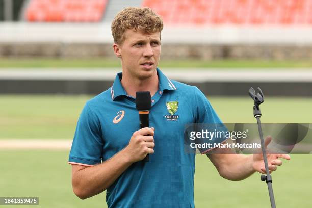 Nathan McSweeney of the Prime Ministers XI speaks during day four of the Tour match between PMs XI and Pakistan at Manuka Oval on December 09, 2023...