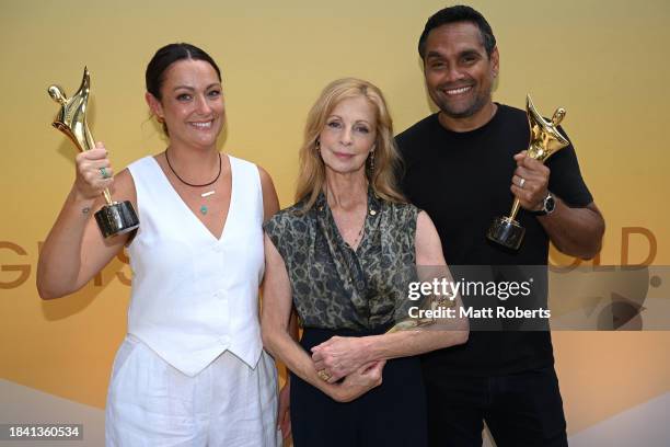 Celeste Barber, Heather Mitchell and Rob Collins pose for a photograph the 2024 AACTA Awards Nominations Announcement on December 09, 2023 in Surfers...