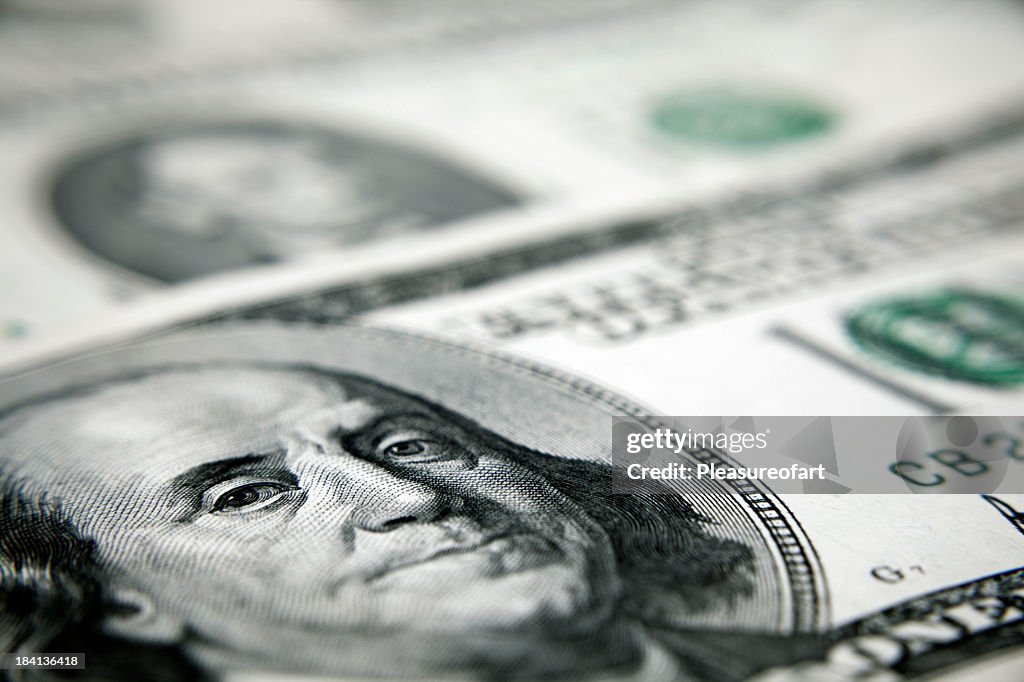 Close up perspective view of hundred-dollar bill