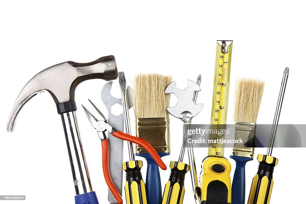 Selection of work tools on a plain white background