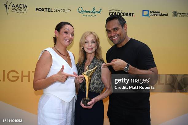 Celeste Barber, Heather Mitchell and Rob Collins pose for a photograph the 2024 AACTA Awards Nominations Announcement on December 09, 2023 in Surfers...