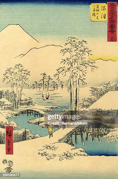 illustrations, cliparts, dessins animés et icônes de traditionnel japonais bois scène de neige - estampe japonaise
