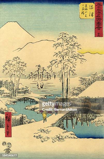 bildbanksillustrationer, clip art samt tecknat material och ikoner med traditional japanese woodblock snow scene - träsnitt