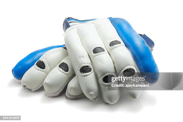 blue and white leather batting gloves isolated on white - the crickets stock pictures, royalty-free photos & images