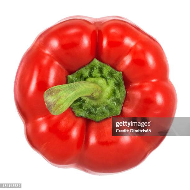 vista superior de pimiento rojo sobre fondo blanco - red bell pepper fotografías e imágenes de stock