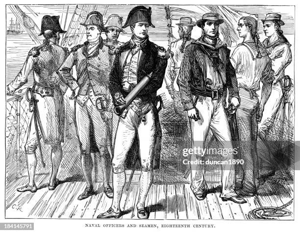ilustraciones, imágenes clip art, dibujos animados e iconos de stock de naval funcionarios y marineros - estilo siglo xviii