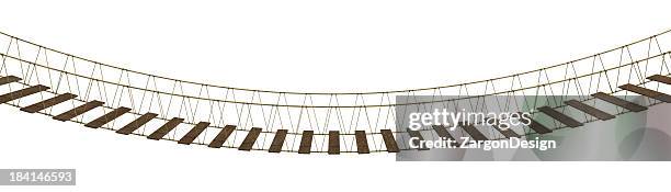 a hanging bridge made of rope and wood on a white background - touwbrug stockfoto's en -beelden