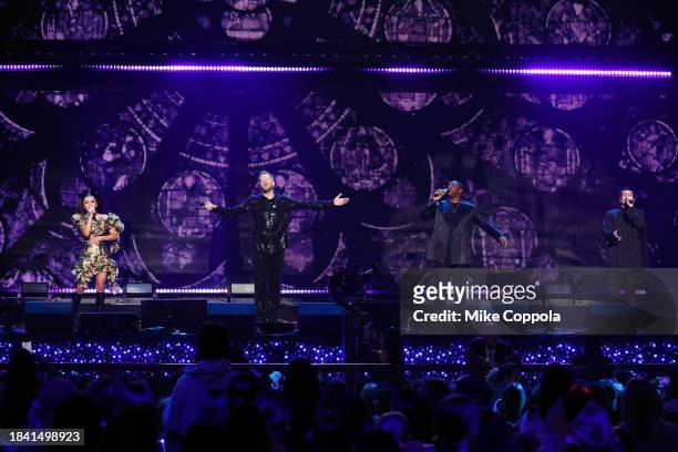 Kirstin Maldonado, Scott Hoying, Matt Sallee and Mitch Grassi of Pentatonix perform onstage during iHeartRadio z100's Jingle Ball 2023 Presented By...