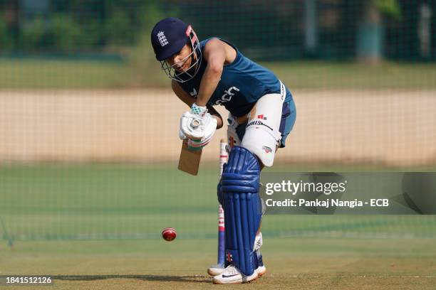 Sophia Dunkley of England plays a shot during a net session at DY Patil Stadium on December 12, 2023 in Navi Mumbai, India.