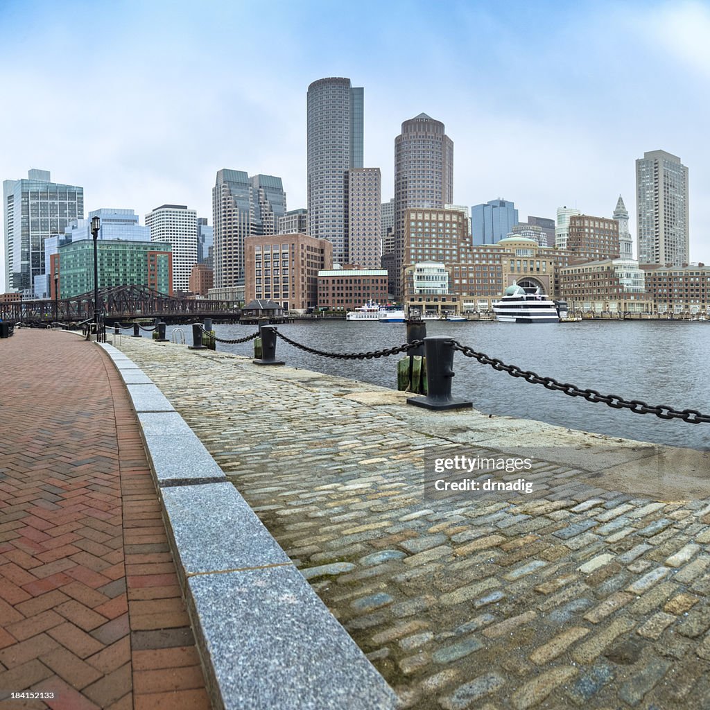 Boston Skyline and Fan Pier's Brick-Paved HarborWalk