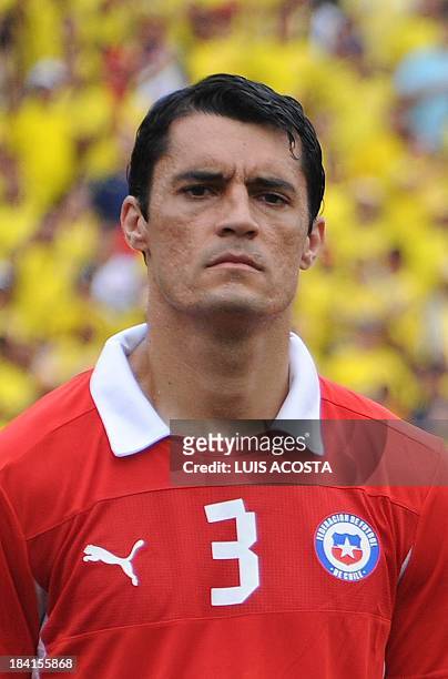 Chile's defender Marcos Gonzalez is pictured before the start of the Brazil 2014 FIFA World Cup South American qualifier match against Colombia, in...