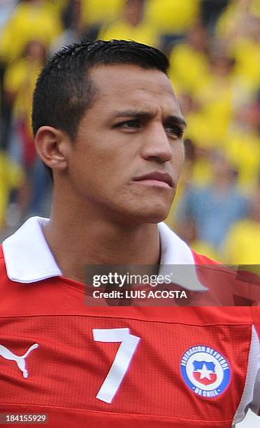 Chile's forward Alexis Sanchez is pictured before the start of the Brazil 2014 FIFA World Cup South American qualifier match against Colombia, in...