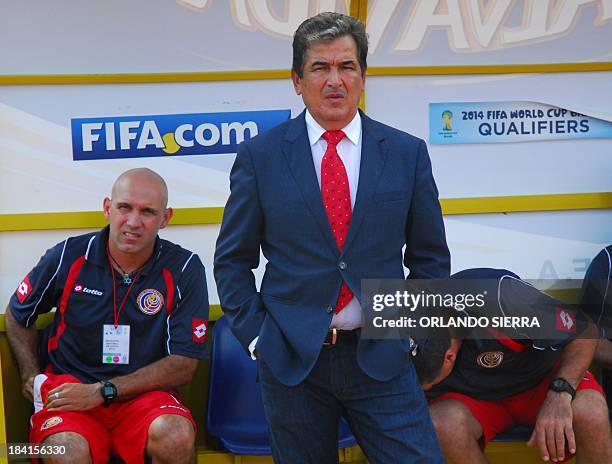 Costa Rican national football team coach Jorge Luis Pinto looks on at the end of the 2014 World Cup qualifier football match against Honduras at the...