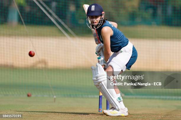 Maia Bouchier of England plays a shot during a net session at DY Patil Stadium on December 12, 2023 in Navi Mumbai, India.