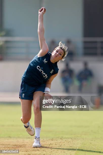 Lauren Bell of England delivers a ball during a net session at DY Patil Stadium on December 12, 2023 in Navi Mumbai, India.