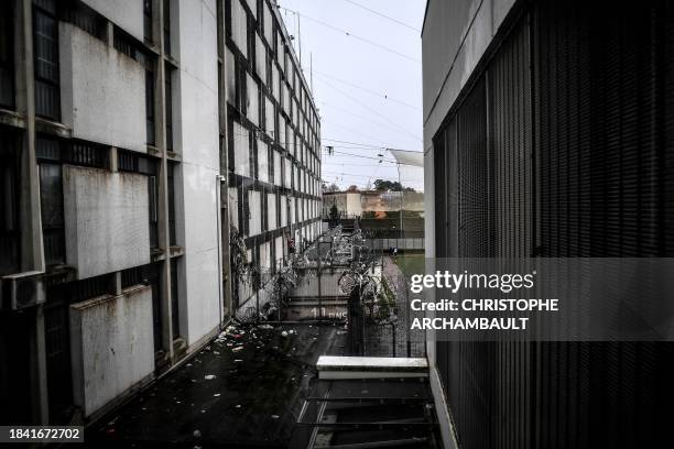 This picture taken on December 11, 2023 shows a facade and part of the courtyard of the Bordeaux-Gradignan jail in Gradignan on the outskirts of...