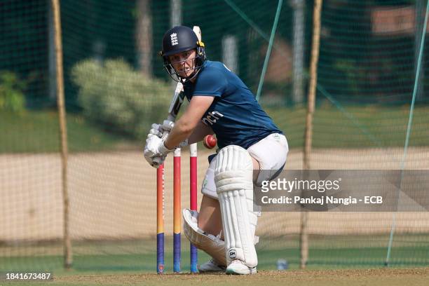 Heather Knight captain of England plays a shot during a net session at DY Patil Stadium on December 12, 2023 in Navi Mumbai, India.