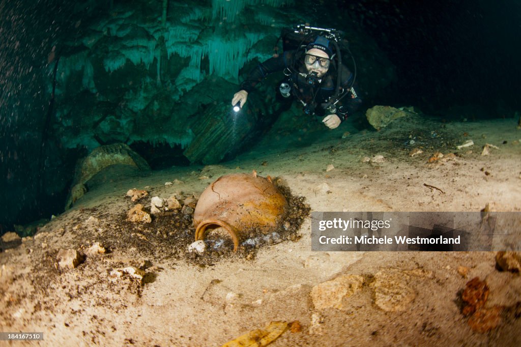 Diver and Mayan Remains