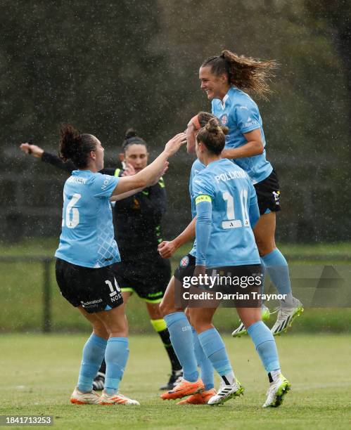 Hannah Wilkinson of Melbourne City celebrates a goal during the A-League Women round seven match between Melbourne City and Perth Glory at Genis...