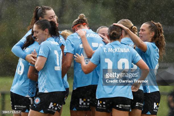 Hannah Wilkinson of Melbourne City celebrates a goal during the A-League Women round seven match between Melbourne City and Perth Glory at Genis...