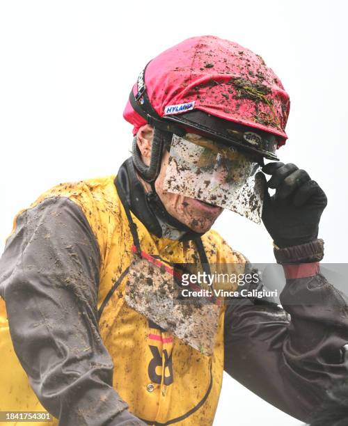 Craig Williams after riding Foxy Cleopatra unplaced in the wet conditions in Race 8, the Sportsbet Ballarat Cup, during Melbourne Racing at Ballarat...