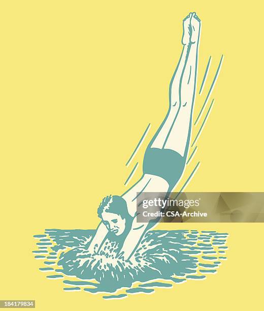 cartoon man diving into the water - retro swimwear stock illustrations