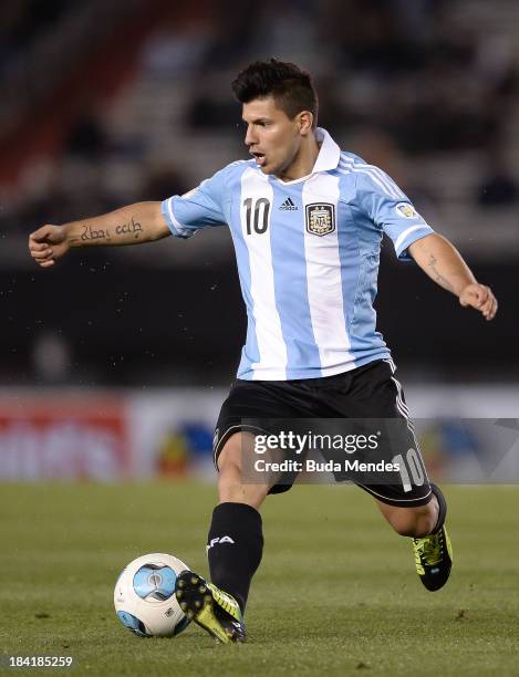 Sergio Aguero of Argentina in action during a match between Argentina and Peru as part of the 17th round of the South American Qualifiers for the...