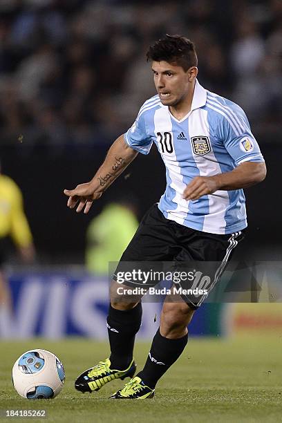 Sergio Aguero of Argentina in action during a match between Argentina and Peru as part of the 17th round of the South American Qualifiers for the...