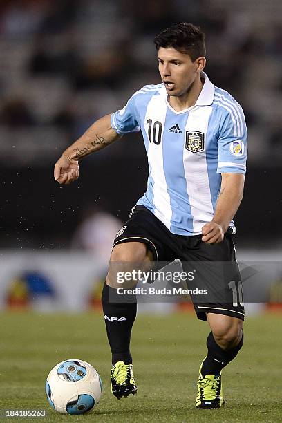 Sergio Aguero of Argentina in action during a match between Argentina and Peru as part of the 17th round of the South American Qualifiers for the...