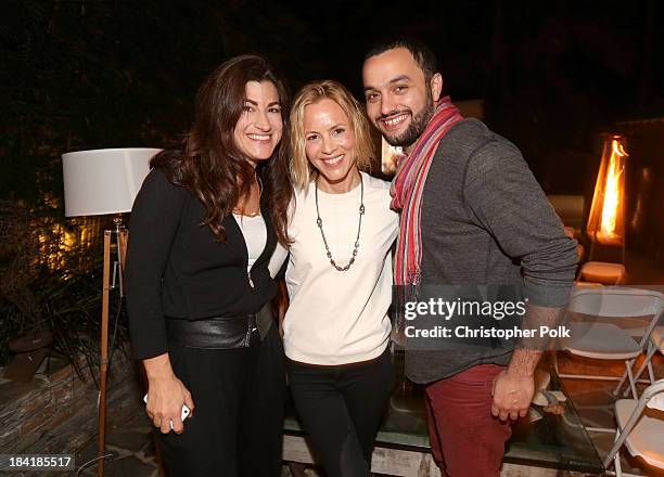 Filmmaker Jehane Noujaim, actress/activist Maria Bello and producer Karim Amer attend the screening for "The Square" at the home of Maria Bello on...