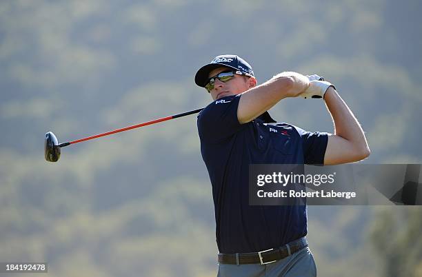 Morgan Hoffmann makes a tee shot on the ninth hole during round two of the Frys.com Open at the CordeValle Golf Club on October 11, 2013 in San...