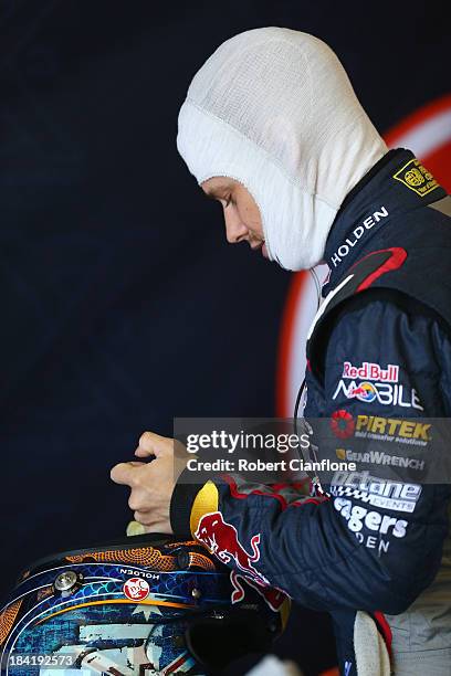 Casey Stoner driver of the Red Bull Pirtek Holden prepares for the Bathurst round of the Dunlop Series at Mount Panorama on October 12, 2013 in...