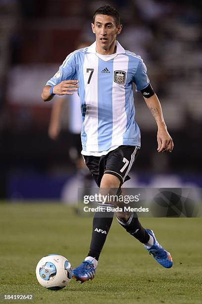 Angel Di Maria of Argentina in action during a match between Argentina and Peru as part of the 17th round of the South American Qualifiers for the...