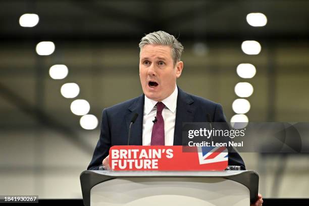 Labour leader Keir Starmer delivers a speech at Silverstone Technology Park on December 12, 2023 in Milton Keynes, England. The Labour leader speaks...