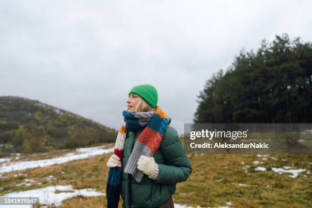 walking the winter wonderland - shawl stock pictures, royalty-free photos & images