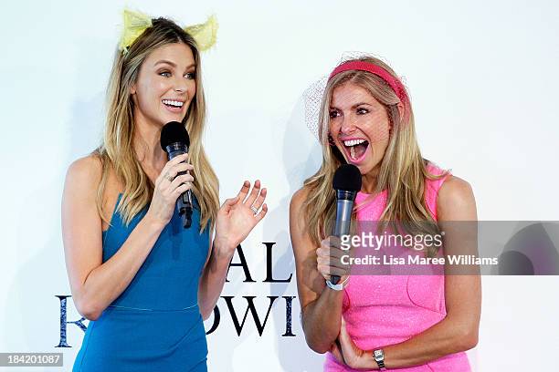 Jennifer Hawkins and Laura Csortan speak on stage during fashions on the field at Spring Champion Stakes Day at Royal Randwick on October 12, 2013 in...